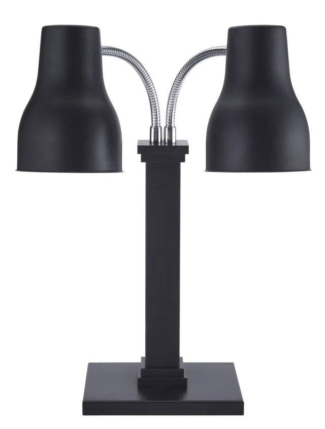 A modern, minimalistic black Double Heat Lamp features two adjustable necks extending from a central rectangular stem on a flat base. Each bell-shaped lamp head is angled outward to provide versatile lighting options.