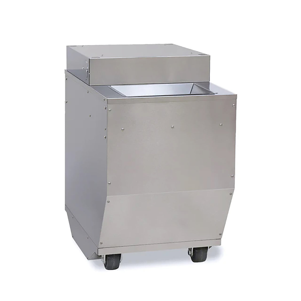 A stainless steel construction, box-shaped machine with a rectangular opening at the top, mounted on four black wheels. The smooth metallic ReadyPop Jr. design is utilitarian, suggesting it is used for industrial or commercial purposes.