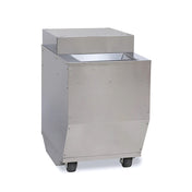A stainless steel construction, box-shaped machine with a rectangular opening at the top, mounted on four black wheels. The smooth metallic ReadyPop Jr. design is utilitarian, suggesting it is used for industrial or commercial purposes.