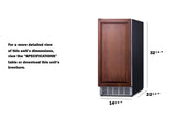 A front-facing built-in ice maker with a wooden door panel and metal vent at the base. Dimensions are 32 3/8" tall, 22 1/2" deep, and 14 5/8" wide. See the specifications table or brochure for more details on this undercounter clear icemaker.