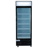 A tall, black Empura EGM-23B refrigerated merchandiser features a clear glass door, five adjustable wire shelves, a lit white sign panel at the top, and the brand name Empura near the bottom. The spacious interior is empty and brightly lit for commercial food storage.