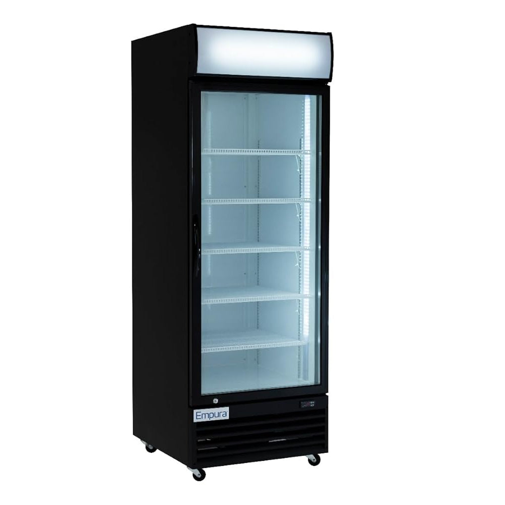 A tall, black refrigerated merchandiser with a transparent glass door, white interior, and five adjustable wire shelves. The fridge offers commercial food storage with a lit sign panel on top and small wheels for mobility. Brand label imoura is visible near the bottom.