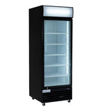 A tall, black refrigerated merchandiser with a transparent glass door, white interior, and five adjustable wire shelves. The fridge offers commercial food storage with a lit sign panel on top and small wheels for mobility. Brand label imoura is visible near the bottom.