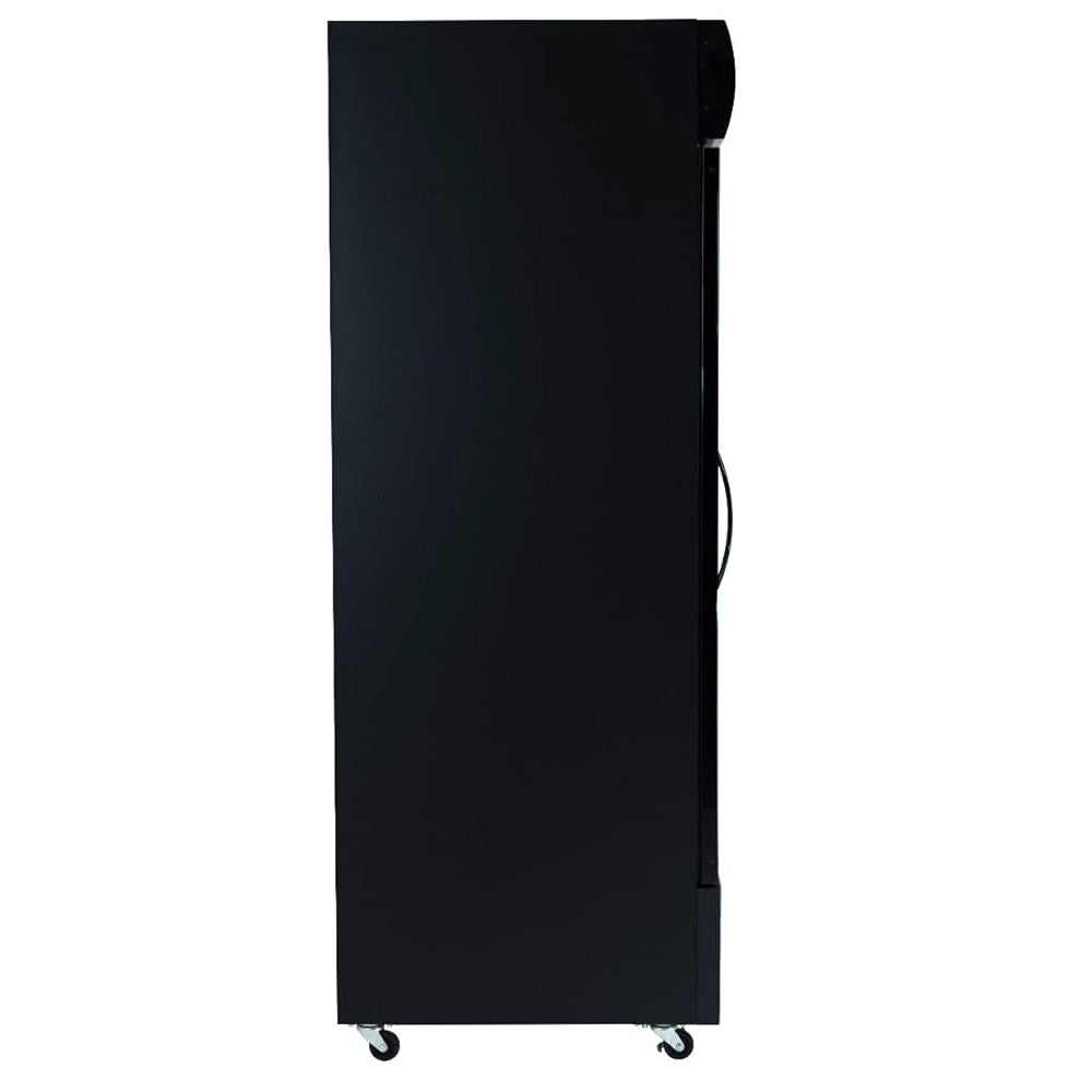 A black, upright Empura EGM-23B refrigerated merchandiser stands on four small wheels with a visible handle, ideal for commercial food storage. Shown from the side against a plain white background.