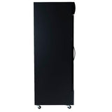 A black, upright Empura EGM-23B refrigerated merchandiser stands on four small wheels with a visible handle, ideal for commercial food storage. Shown from the side against a plain white background.