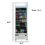 A tall, white Empura refrigerated merchandiser with a glass door displays assorted drinks. Five shelves hold bottles and cans of water, soda, juice, and energy drinks. Height is 80.9, width 30.1, and depth 27.6 inches.