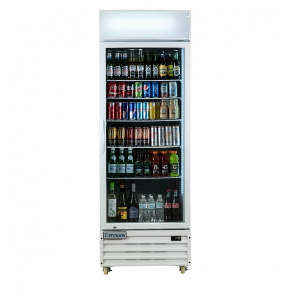 A tall, single-door commercial display refrigerator showcases drinks on shelves—soda cans, water bottles, energy drinks, juices, and alcoholic beverages. The white refrigerated merchandiser features a lit panel up top and is labeled Empura at the bottom.