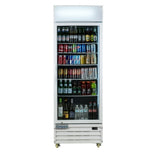 A tall, single-door commercial display refrigerator showcases drinks on shelves—soda cans, water bottles, energy drinks, juices, and alcoholic beverages. The white refrigerated merchandiser features a lit panel up top and is labeled Empura at the bottom.