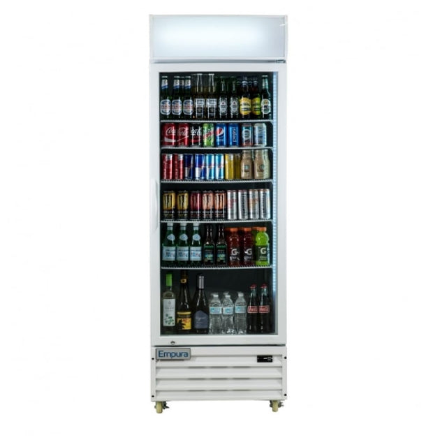 A tall, single-door commercial display refrigerator showcases drinks on shelves—soda cans, water bottles, energy drinks, juices, and alcoholic beverages. The white refrigerated merchandiser features a lit panel up top and is labeled Empura at the bottom.