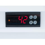 A close-up of a digital control panel on a foodservice refrigeration unit shows the number 42 in red digits with a fan icon, plus a large red power button and four grey buttons labeled Set, up arrow, down arrow, and a sun icon.