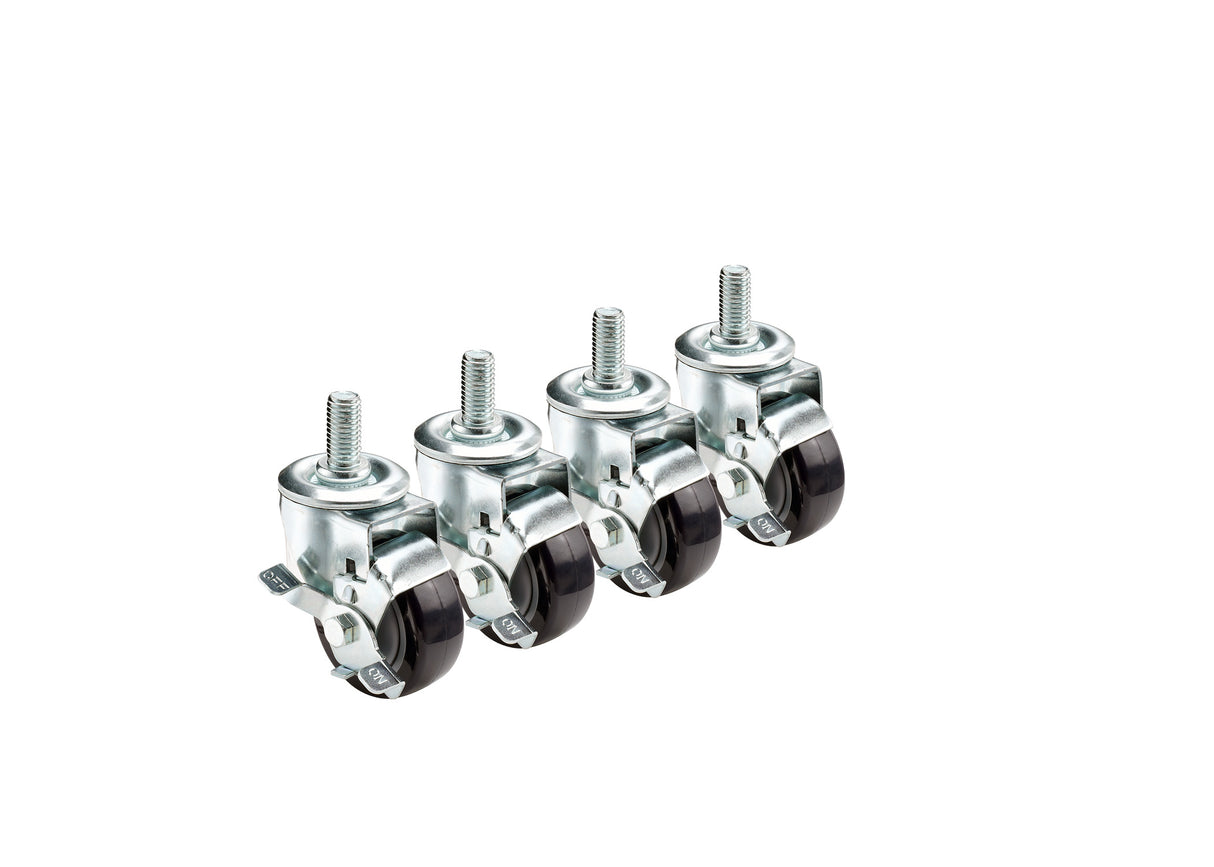 Four metal 3 inch casters with threaded stem mounts and black locking wheels are lined up in a row, angled slightly to the right, on a white background. Each caster has a locking lever on the wheel housing.