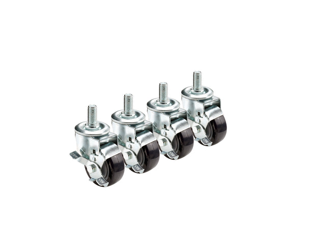 Four metal 3 inch casters with threaded stem mounts and black locking wheels are lined up in a row, angled slightly to the right, on a white background. Each caster has a locking lever on the wheel housing.
