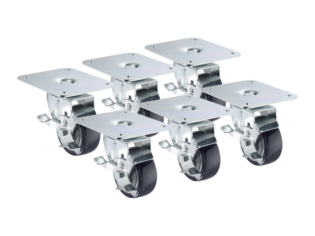 Six Krowne Plate Casters with 3" grease resistant rubber wheels and rectangular mounting plates, arranged in two rows of three. Each metal swivel caster includes a brake lever for securely locking the wheel in place.