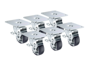 Six Krowne Plate Casters with 3" grease resistant rubber wheels and rectangular mounting plates, arranged in two rows of three. Each metal swivel caster includes a brake lever for securely locking the wheel in place.