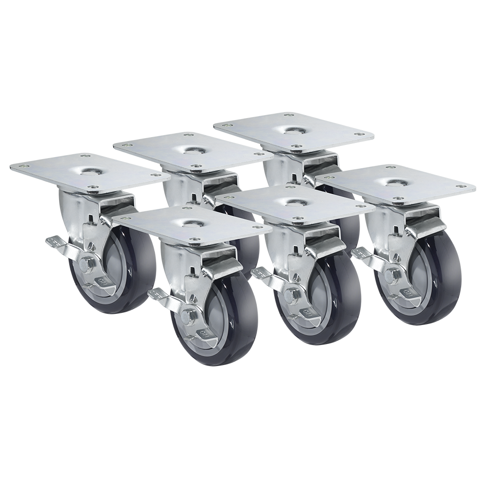 Five heavy-duty 4 inch caster wheels with metal mounting plates and black grease resistant caster tires are arranged in two rows on a plain white background. Each Krowne Plate Caster features a shiny silver brake lever for secure locking.