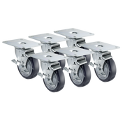 Five heavy-duty 4 inch caster wheels with metal mounting plates and black grease resistant caster tires are arranged in two rows on a plain white background. Each Krowne Plate Caster features a shiny silver brake lever for secure locking.