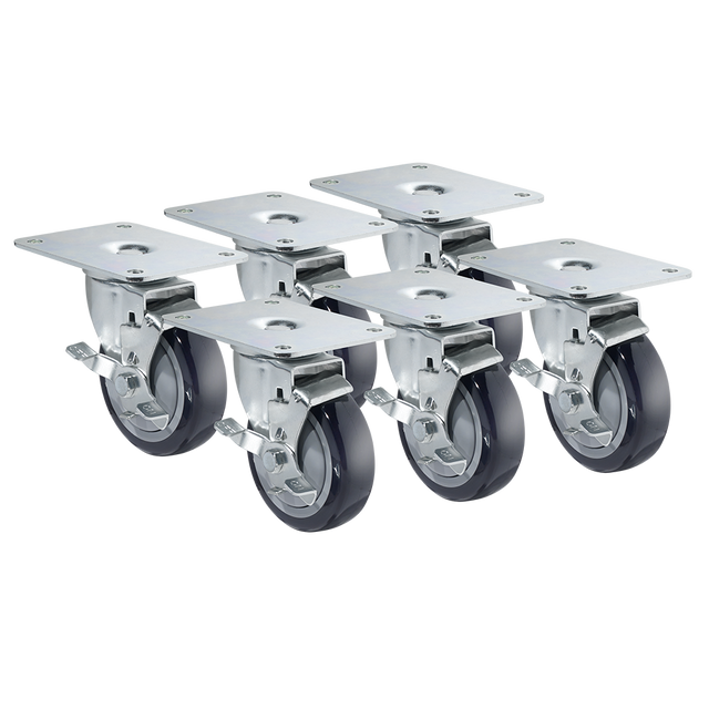 Five heavy-duty 4 inch caster wheels with metal mounting plates and black grease resistant caster tires are arranged in two rows on a plain white background. Each Krowne Plate Caster features a shiny silver brake lever for secure locking.