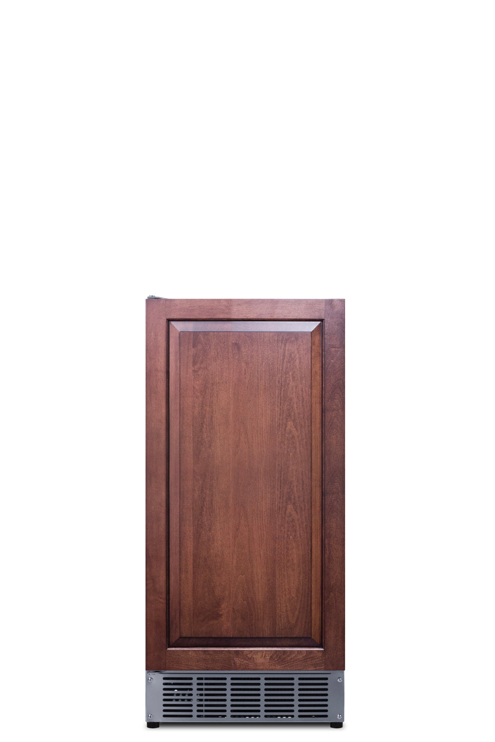 A freestanding rectangular ADA compliant undercounter ice maker with a dark wood front panel featuring a recessed design and a metallic vent at the bottom, photographed against a white background.