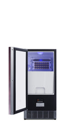 A black and silver ENERGY STAR ice maker stands with its door open, revealing the interior illuminated by a blue light. Inside, the ice-making mechanism and collection bin are visible. Control buttons and a digital display are on the lower front panel.