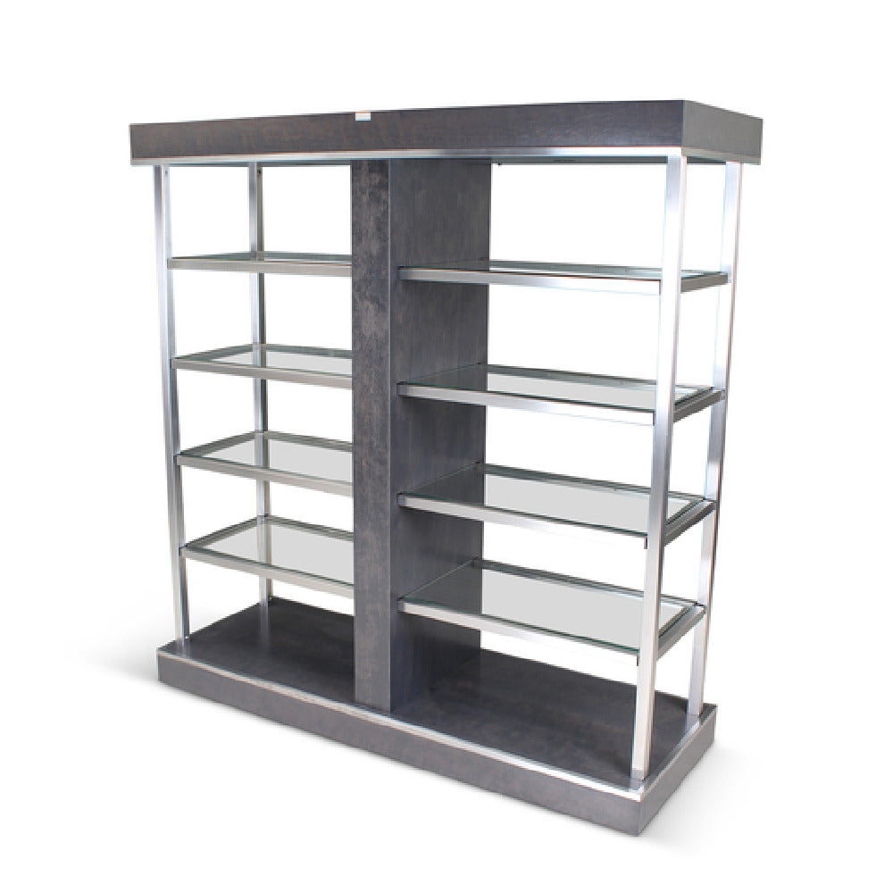 Forbes Industries 6586 Century Rolling Display (Elite) Dual Sided Access With Wood Veneer Exterior And 1.5” Brushed Stainless Steel Support Posts. Unit Has Eight Full Length Flush-mounted Glass Shelves