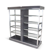 Forbes Industries 6586 Century Rolling Display (Elite) Dual Sided Access With Wood Veneer Exterior And 1.5” Brushed Stainless Steel Support Posts. Unit Has Eight Full Length Flush-mounted Glass Shelves