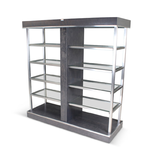 Forbes Industries 6586 Century Rolling Display (Elite) Dual Sided Access With Wood Veneer Exterior And 1.5” Brushed Stainless Steel Support Posts. Unit Has Eight Full Length Flush-mounted Glass Shelves