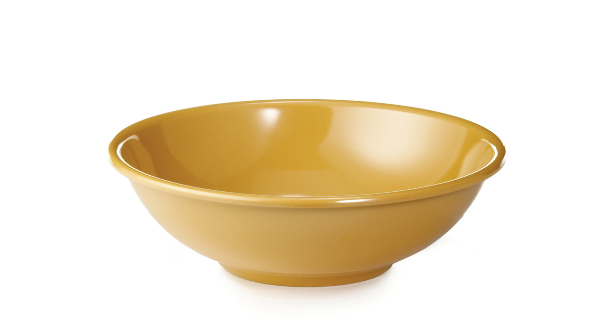 A plain, glossy yellow melamine bowl is centered on a white background. The bowl is empty, round, slightly flared at the rim, and temperature resistant with a smooth surface and a small circular base.