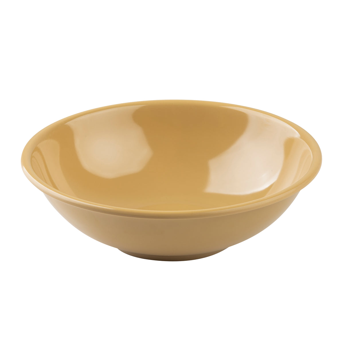 A shallow, round, beige-colored melamine bowl with a smooth, glossy finish is shown on a white background. The bowl has gently sloping sides, a slightly raised base, and is dishwasher safe for easy cleaning.