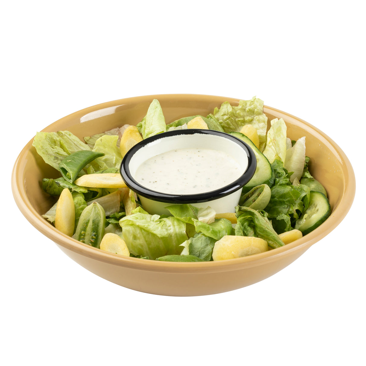 A temperature resistant melamine bowl filled with green salad—lettuce, cucumbers, and avocado slices—surrounds a small cup of creamy white dressing. The bowl is dishwasher safe, and the background is plain white.