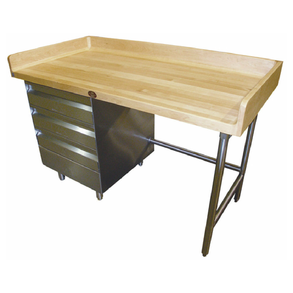 Advance Tabco BST-307L Bakers Top Work Table 84"W X 30"D 1-3/4" Thick Wood Top With 4" Splash At Rear & Both Sides