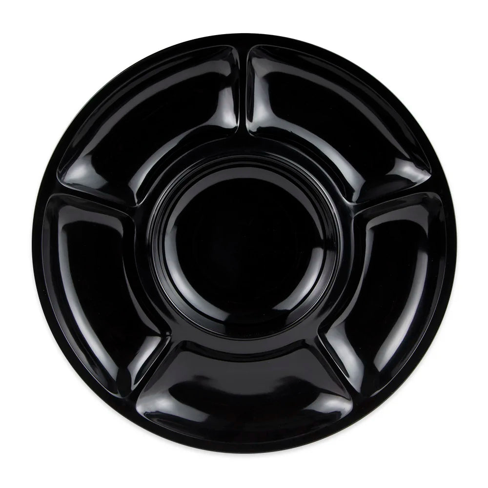 A round, glossy black melamine plate with five outer compartments arranged around a larger central circular section, viewed from above. This break-resistant plate features raised dividers and a shiny surface that reflects light.