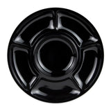 A round, glossy black melamine plate with five outer compartments arranged around a larger central circular section, viewed from above. This break-resistant plate features raised dividers and a shiny surface that reflects light.