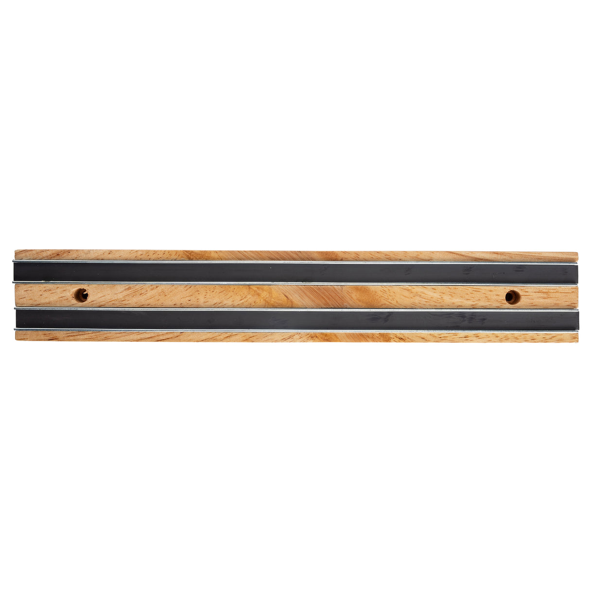A rectangular wood magnetic holder with a light brown finish features two parallel black metal bars and screw holes, making it easy to wall mount.