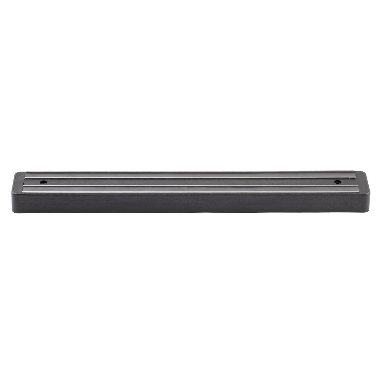 A black rectangular magnetic holder with two visible screw holes for wall mount, shown against a white background. The strip features a sleek, minimalist design with two parallel metal strips running along its length.