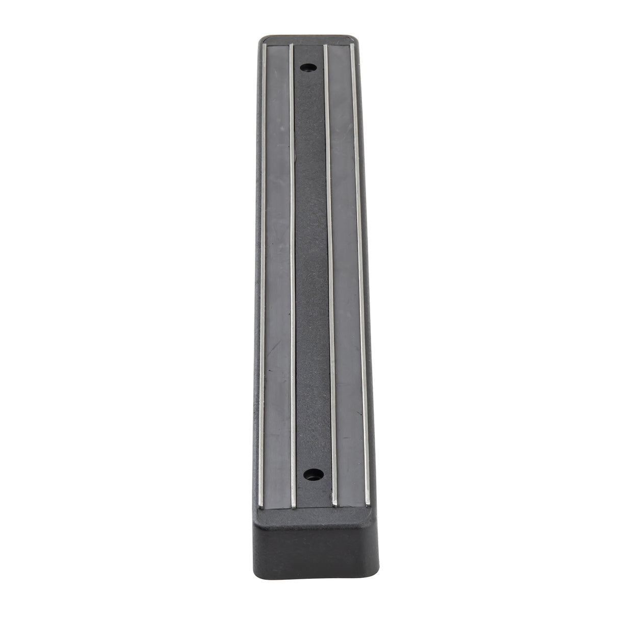 A black magnetic holder for knives with two visible metal strips running lengthwise. The rectangular strip features wall mount screw holes and a slightly rounded bottom edge. The background is plain white.