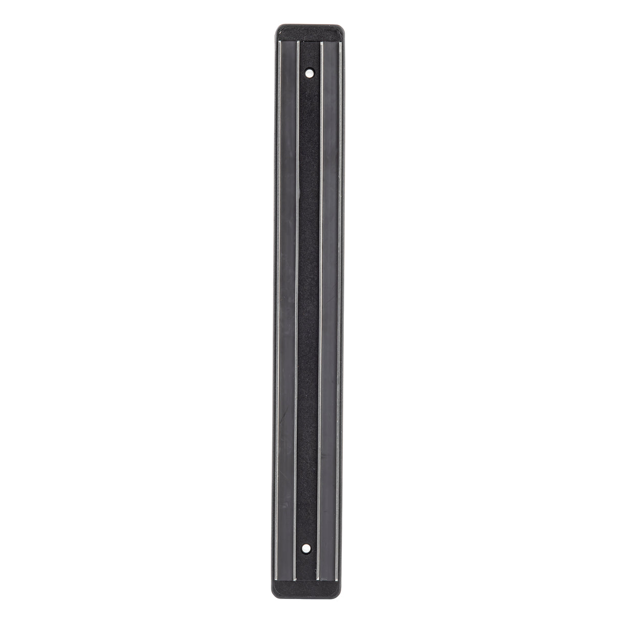 A long, rectangular black magnetic knife strip with two parallel silver magnetic bars and two mounting holes for easy wall mount. Designed to securely hold metal kitchen knives, this magnetic holder features a plain white background.