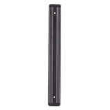 A long, rectangular black magnetic knife strip with two parallel silver magnetic bars and two mounting holes for easy wall mount. Designed to securely hold metal kitchen knives, this magnetic holder features a plain white background.