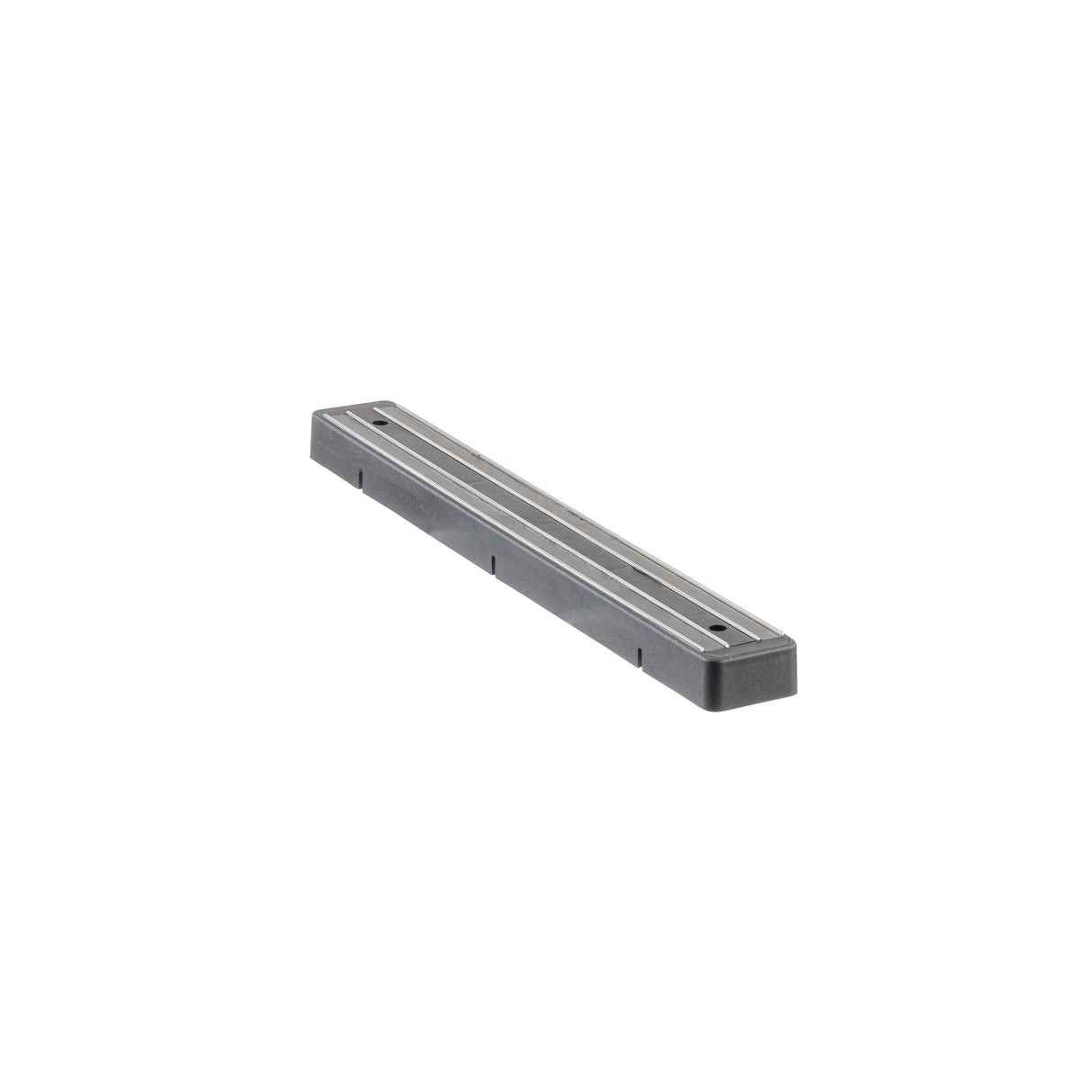 A long, rectangular, black and silver metallic object with a flat top and narrow grooves, viewed at an angle on a white background; it appears to be a precision tool or component, possibly a magnetic holder or metal straightedge.