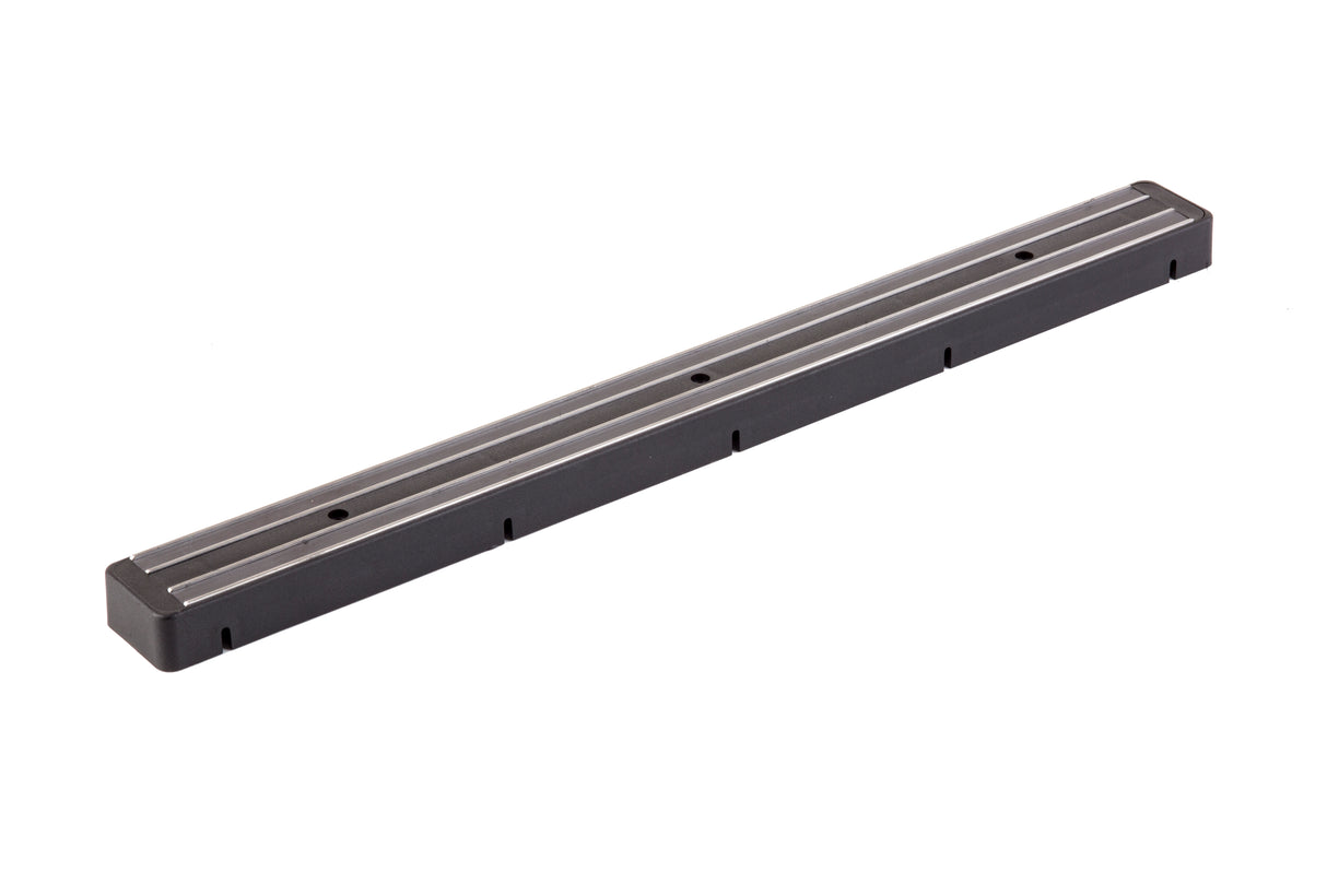 A long, rectangular, black and silver 18 inch magnetic holder with a smooth metal surface and five evenly spaced screw holes for wall mounting. The strip has rounded corners and a slim, minimalist design—perfect for Cash & Carry displays.