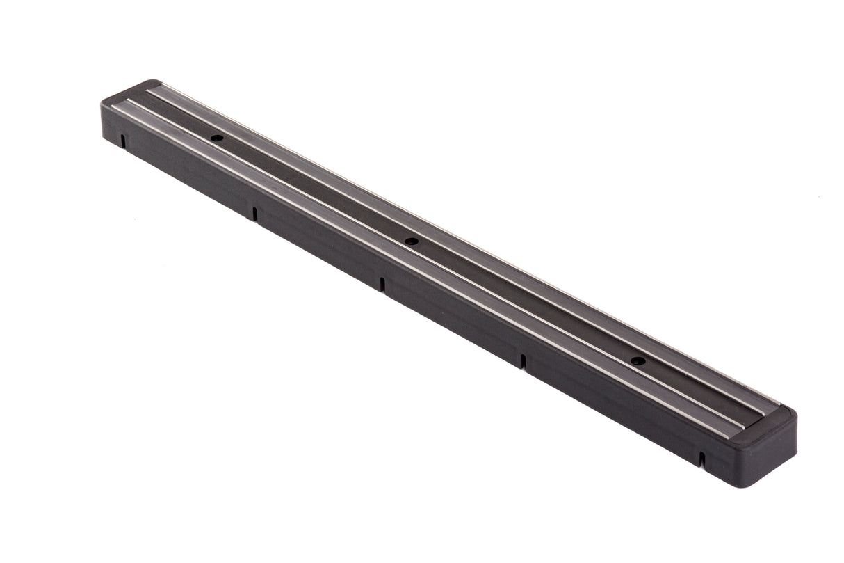 A long, rectangular 18 inch magnetic holder with a black plastic body and two parallel metallic strips. Three holes in the center allow for easy wall mounting. The strip is placed on a white background—ideal for Cash & Carry needs.