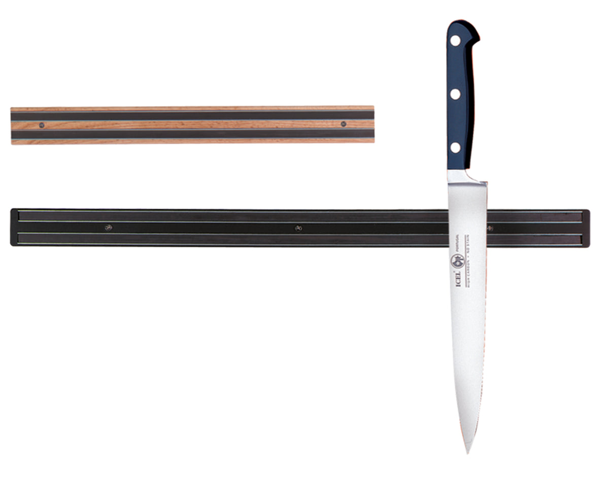 A large kitchen knife with a black handle is attached to an 18 inch black magnetic holder, mounted horizontally on a white background. Above it, there is a smaller wood-finish magnetic strip.