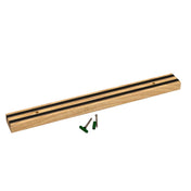 A wood wall-mounted magnetic holder with two black stripes is shown alongside two green wall anchors and two silver screws, all placed on a white background.