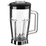 A transparent 48 oz Waring blender container with measurement markings, black lid, and handle. The base has metal blades for blending, and the jar is empty. The lid features a clear circular insert in the center. Image on a white background.