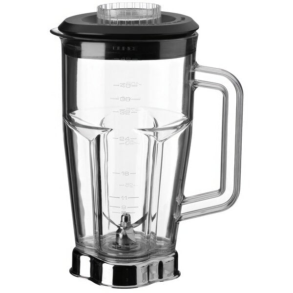 A transparent 48 oz Waring blender container with measurement markings, black lid, and handle. The base has metal blades for blending, and the jar is empty. The lid features a clear circular insert in the center. Image on a white background.
