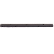 A horizontal, rectangular black metal strip with evenly spaced holes and grooves, viewed against a white background. This flat, elongated TableCraft piece could serve as a versatile wall mount for supporting or attaching other components.