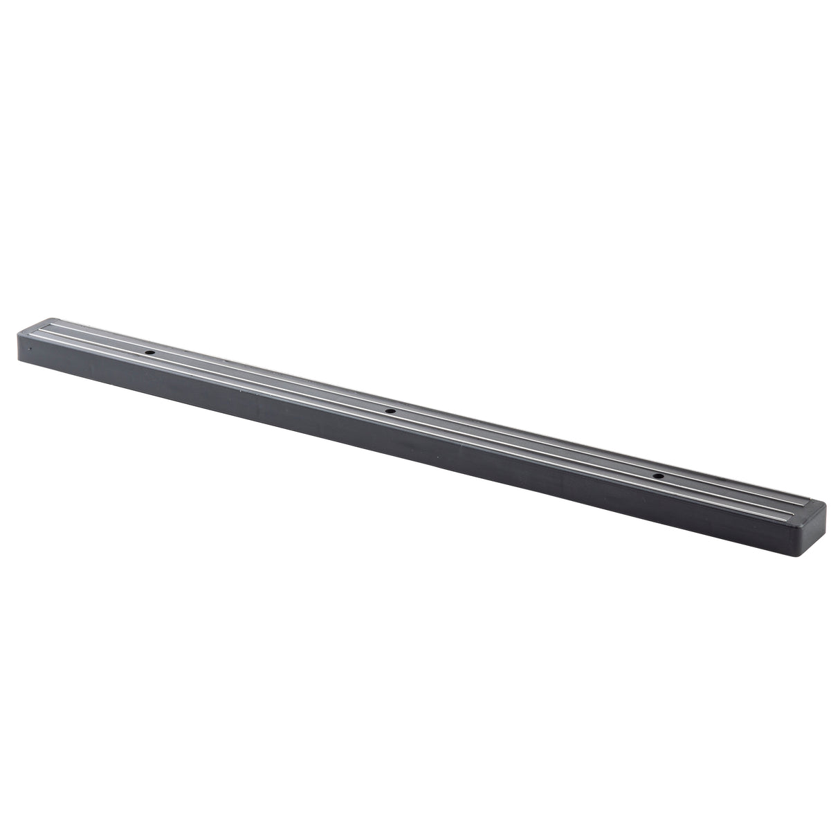 A long, narrow TableCraft magnetic holder with a black base and two parallel metallic strips features several evenly spaced mounting holes. This wall mount strip securely holds and organizes metal kitchen knives or tools.