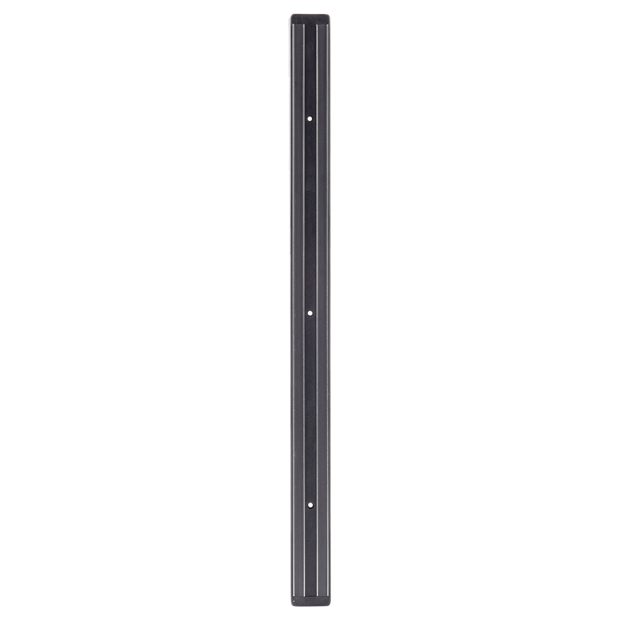 A long, narrow black metal bar by TableCraft, vertically oriented, with two parallel grooves and four evenly spaced screw holes for wall mount use—ideal as a magnetic holder for knives or tools. Plain white background.