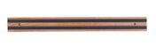 A wood magnetic holder mounts to wall with two visible screws, featuring two parallel black magnets running horizontally across its length. The strip is set against a white background.