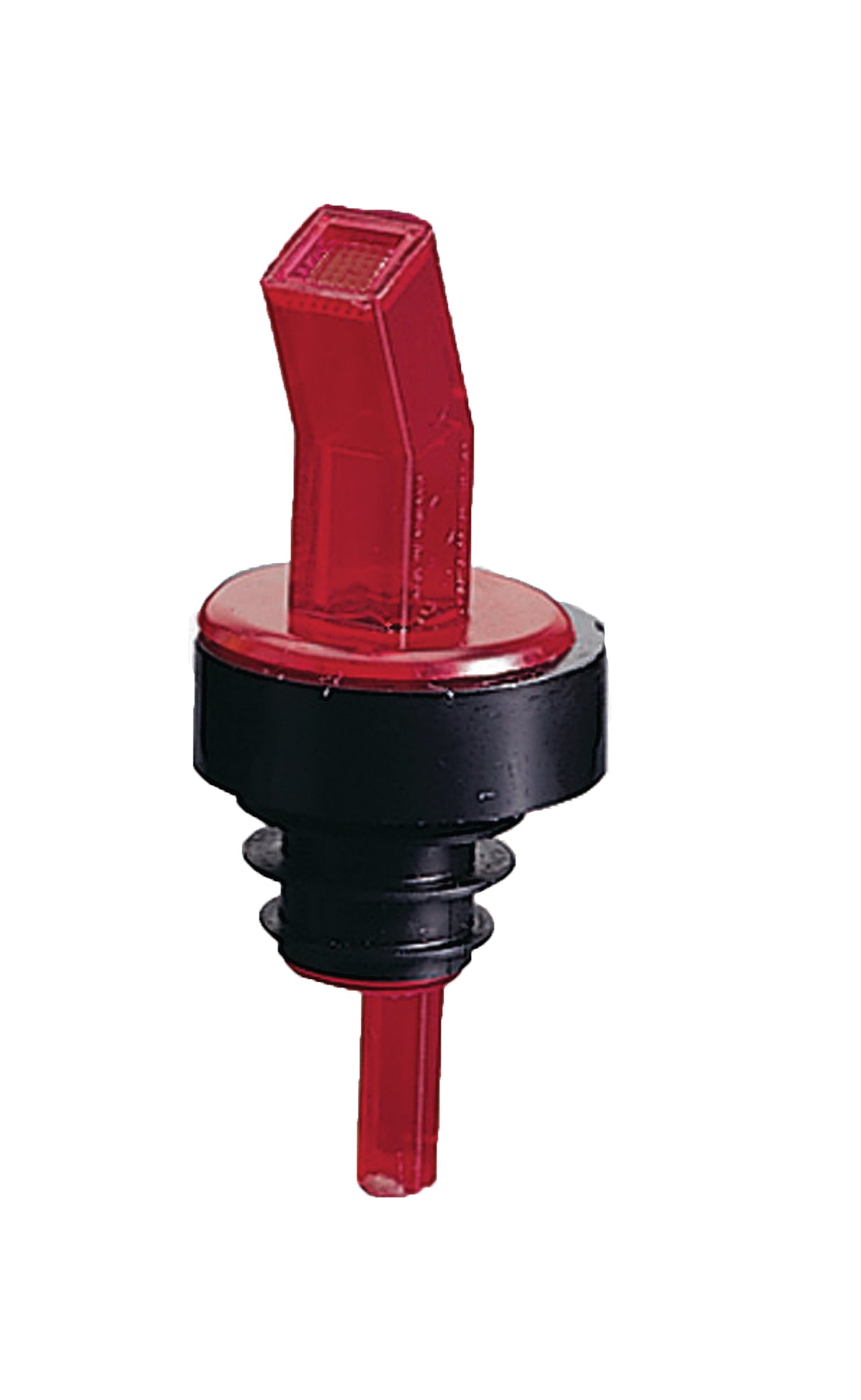 A BPA free red and black plastic liquor bottle pourer with a sanitary spout angled upward. The black base has rubber ridges for sealing the bottle neck, while the transparent red top and spout stand out against the white background.