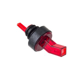A red BPA free plastic liquor bottle screen pourer with a black rubber stopper. The angled, rectangular sanitary spout fits securely in the bottle neck for controlled pouring. The background is white.